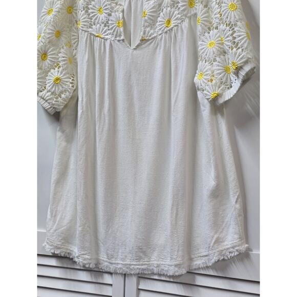 Umgee Linen Blend Eyelet Lace Top Blouse White Balloon Sleeves Peasant Boho Larg - Picture 3 of 6